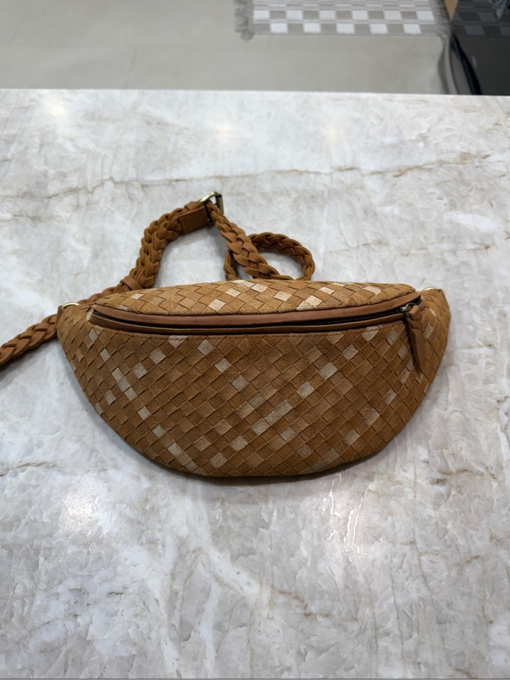 Woven Leather Crossbody Belt Bag - Tan